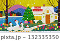 Whimsical Christmas ducks walking to a cozy festive cottage by the lake in winter snow 132335350