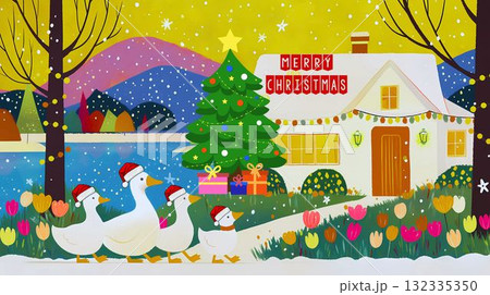 Whimsical Christmas ducks walking to a cozy festive cottage by the lake in winter snow Whimsical Christmas ducks walking to a cozy festive cottage by the lake in winter snow 132335350