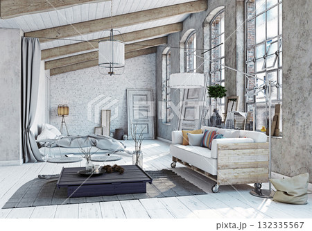 Industrial loft apartment interior. Rustic modern living room design. 3d rendering 132335567