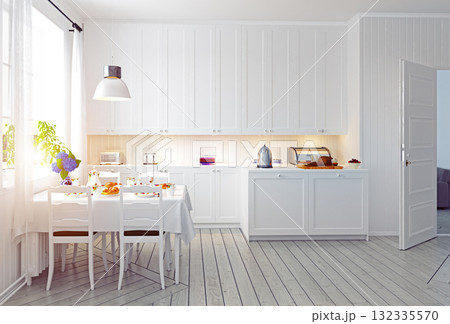 Modern white kitchen and dining room in a scandinavian style. 3d rendering of a home interior 132335570
