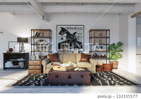 Eclectic living room with industrial furniture and modern art. 3d rendering of a stylish home interior 132335577