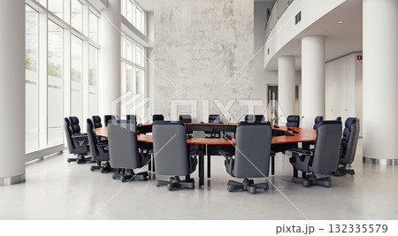 Modern empty conference room with a large round table. 3d rendering of a corporate boardroom interior Modern empty conference room with a large round table. 3d rendering of a corporate boardroom interior 132335579