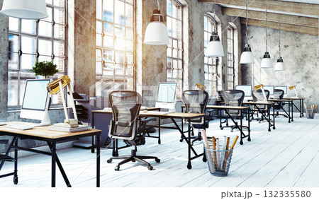 3d rendering of a modern industrial office. Empty loft workspace with desks in bright sunlight 3d rendering of a modern industrial office. Empty loft workspace with desks in bright sunlight 132335580
