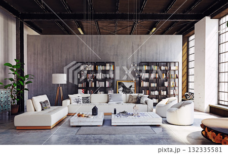 3d rendering of a modern industrial loft living room. Interior design with a white sofa and concrete walls 3d rendering of a modern industrial loft living room. Interior design with a white sofa and concrete walls 132335581