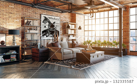 Sunlit industrial loft apartment interior with exposed brick walls. 3d rendering 132335587