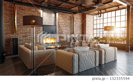 Modern industrial loft living room interior with exposed brick and a fireplace. 3d rendering 132335594