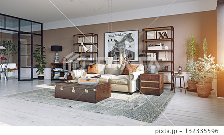 Stylish living room interior with industrial and vintage decor. 3d rendering of a modern apartment Stylish living room interior with industrial and vintage decor. 3d rendering of a modern apartment 132335596