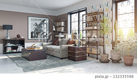 Modern living room with industrial and eclectic decor. 3d rendering of a sunlit apartment interior 132335598