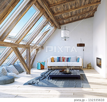 3d rendering of a rustic attic living room. Modern and bright home interior with wooden beams 132335610