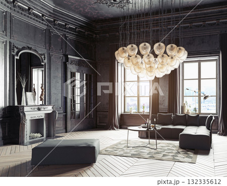 Luxury living room with dark classic walls and modern furniture. 3d rendering of an opulent interior design 132335612