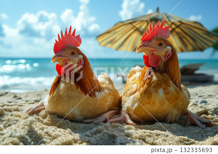 Two chickens are laying on the beach under an umbrella Two chickens are laying on the beach under an umbrella 132335693