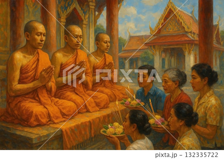 Oil painting of a Buddhist ceremony at a Thai temple. Oil painting of a Buddhist ceremony at a Thai temple. 132335722