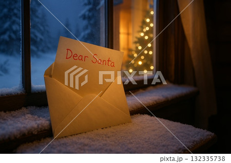 Christmas letter to Santa on window sill with snow and decorated tree in cozy winter cabin. 132335738