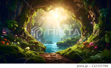 洞窟から見たファンジー感ある滝の風景 洞窟から見たファンジー感ある滝の風景 132335766