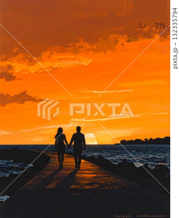 【AI生成画像】イラスト風　夕焼けの海と恋人達の景色 132335794