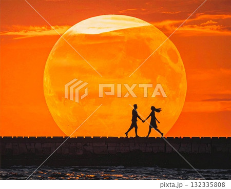 【AI生成画像】イラスト風 夕焼けの海と恋人達の景色 【AI生成画像】イラスト風 夕焼けの海と恋人達の景色 132335808