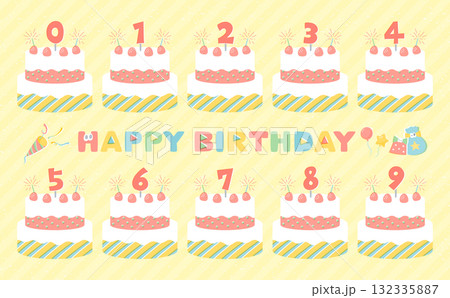 月齢・年齢や記念日の数字を表したかわいいポップな誕生日ケーキのホールイラストセット 月齢・年齢や記念日の数字を表したかわいいポップな誕生日ケーキのホールイラストセット 132335887