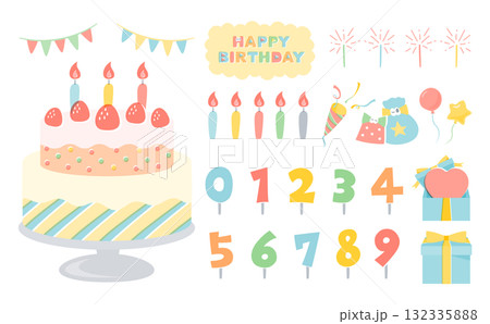 誕生日祝いに使えるこども向けカラフルな誕生日ケーキのポップなイラストと手書きフォント素材セット 誕生日祝いに使えるこども向けカラフルな誕生日ケーキのポップなイラストと手書きフォント素材セット 132335888
