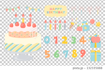 一套豐富多彩的生日蛋糕插圖和手寫字體,適合兒童生日慶祝 一套豐富多彩的生日蛋糕插圖和手寫字體,適合兒童生日慶祝 132335888