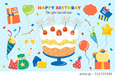 ポップでカラフルなキャラクターとケーキが描かれたハッピーバースデーイラスト誕生日カード、誕生日ケーキ ポップでカラフルなキャラクターとケーキが描かれたハッピーバースデーイラスト誕生日カード、誕生日ケーキ 132335896