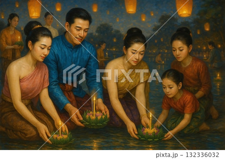 Beautiful oil painting capturing the Loy Krathong festival with people in traditional Thai outfits. Beautiful oil painting capturing the Loy Krathong festival with people in traditional Thai outfits. 132336032
