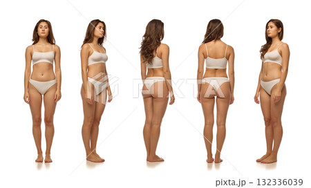 Composition of woman in beige underwear standing in studio for neutral lingerie branding and product reference 132336039