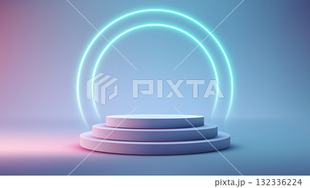 Futuristic Minimal Pedestal Display with Neon Circle Light on Soft Gradient Background for Product Showcase and Cosmetic Promotion or High Tech Products Futuristic Minimal Pedestal Display with Neon Circle Light on Soft Gradient Background for Product Showcase and Cosmetic Promotion or High Tech Products 132336224