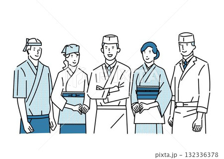 和食ー日本伝統料理の制服ー女将ーレストラン調理服、白衣を着た人々のイラスト素材 和食ー日本伝統料理の制服ー女将ーレストラン調理服、白衣を着た人々のイラスト素材 132336378
