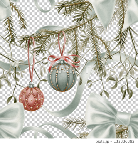 Vintage Christmas seamless pattern-velvet tree balls with beads and gold threads and red ribbon hanging from a spruce branch,sprigs of mistletoe,silk blue bow and wavy ribbons.Watercolor illustration Vintage Christmas seamless pattern-velvet tree balls with beads and gold threads and red ribbon hanging from a spruce branch,sprigs of mistletoe,silk blue bow and wavy ribbons.Watercolor illustration 132336382