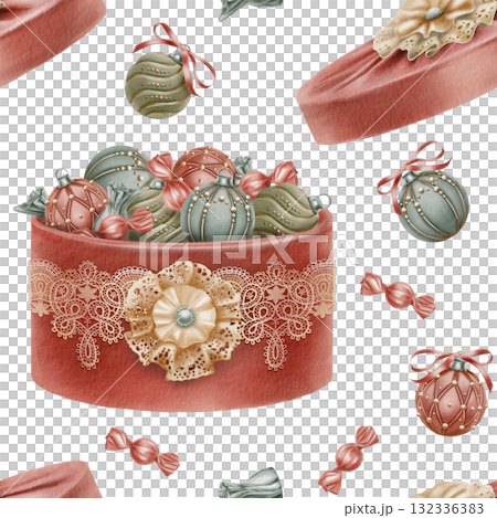 Christmas seamless pattern in vintage style round hat box with lid covered in red velvet with beige lace ribbon and lace bow brooch with Christmas tree balls and sweets in it.Watercolor illustration Christmas seamless pattern in vintage style round hat box with lid covered in red velvet with beige lace ribbon and lace bow brooch with Christmas tree balls and sweets in it.Watercolor illustration 132336383