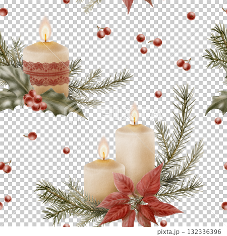 Christmas seamless pattern with cozy candles adorned with burgundy lace,fir branches,holly with red berries and red poinsettia flowers.Hand drawn illustration for xmas decor,background,wrapping paper Christmas seamless pattern with cozy candles adorned with burgundy lace,fir branches,holly with red berries and red poinsettia flowers.Hand drawn illustration for xmas decor,background,wrapping paper 132336396