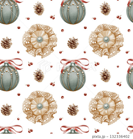 Christmas seamless pattern-vintage lace bow brooch with pearl,Christmas tree ball in blue velvet with red ribbon in bow,pearls beads and gold threads,pine cones with red sharrow berries Christmas seamless pattern-vintage lace bow brooch with pearl,Christmas tree ball in blue velvet with red ribbon in bow,pearls beads and gold threads,pine cones with red sharrow berries 132336402