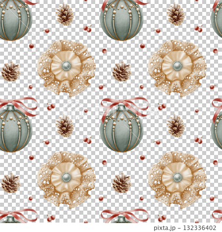 Christmas seamless pattern-vintage lace bow brooch with pearl,Christmas tree ball in blue velvet with red ribbon in bow,pearls beads and gold threads,pine cones with red sharrow berries Christmas seamless pattern-vintage lace bow brooch with pearl,Christmas tree ball in blue velvet with red ribbon in bow,pearls beads and gold threads,pine cones with red sharrow berries 132336402