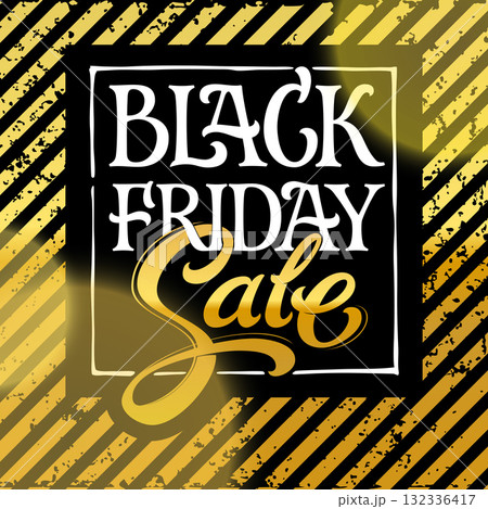 Black Friday Sale typography vector design. White letters Black Friday and gold Sale on a black background. Vector illustration for banners, ads, brochures. Hand lettering. 132336417