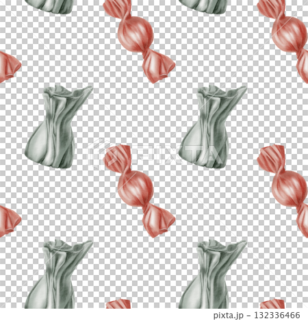 Candy with caramel and chocolate flavor in vintage style with bright wrappers in seamless pattern as symbol of family holiday,birthday,Christmas,new year.Watercolor hand drawn illustration 132336466