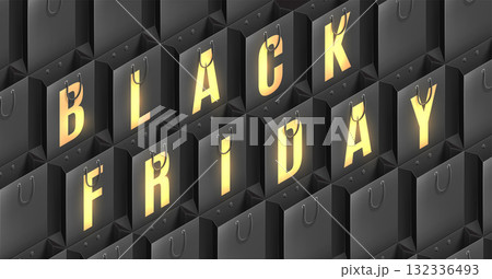Golden typography Black Friday on dark background. Seamless pattern with shopping bags. Vector template for shop, store, discount flyer, sale banner, poster, ad. Golden typography Black Friday on dark background. Seamless pattern with shopping bags. Vector template for shop, store, discount flyer, sale banner, poster, ad. 132336493