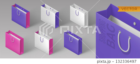 Set of colored realistic bags for shopping. 3D isometric icons. Vector template for discount flyer, poster, ad. Illustration for Black Friday sale banner. 132336497