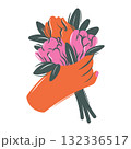 Woman's hand holds bouquet of pink tulips. Stylish modern flat illustration for flower shop. Sticker 132336517