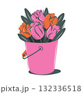A bouquet of pink tulips in a bucket. Stylish modern flat illustration for a flower shop. Sticker 132336518
