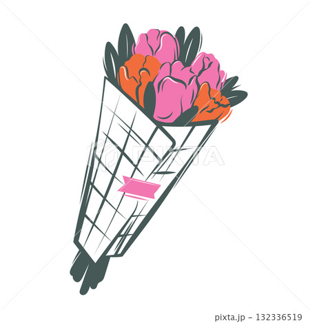 A bouquet of pink and orange tulips. Stylish modern flat illustration for a flower shop. Sticker 132336519