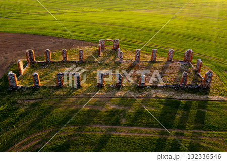 Ruins of an ancient building that looks like Stonehenge, drone view, Smiltene, Latvia 132336546