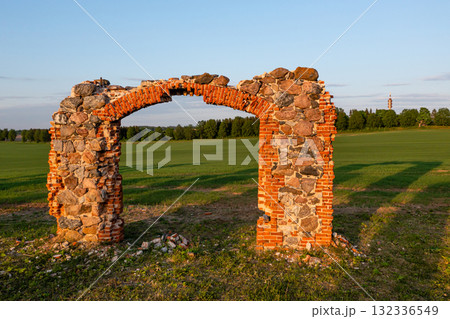 Ruins of an ancient building that looks like Stonehenge, drone view, Smiltene, Latvia 132336549