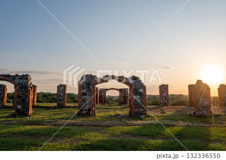 Ruins of an ancient building that looks like Stonehenge, drone view, Smiltene, Latvia 132336550