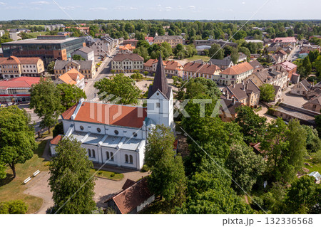Aerial view of the city center and Saldus Lutheran Church. Saldus, Latvia 132336568