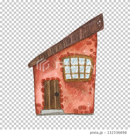 Red one-story brick house, cartoon. Hand-drawn watercolor illustration. Design suitable for stickers, prints on fabric, paper, and books. Building, isolated, children, kids, game, city, village 132336698