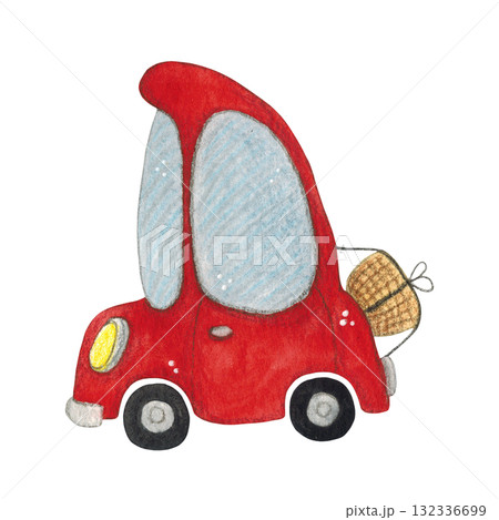 A little red car with a picnic basket, cartoon style. Hand-drawn watercolor illustration. Design suitable for stickers, fabric prints, paper, and books. Car, isolated, children, kids, game, transport 132336699