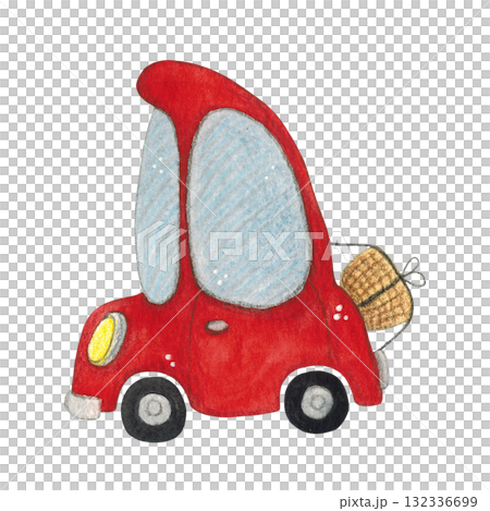 A little red car with a picnic basket, cartoon style. Hand-drawn watercolor illustration. Design suitable for stickers, fabric prints, paper, and books. Car, isolated, children, kids, game, transport 132336699