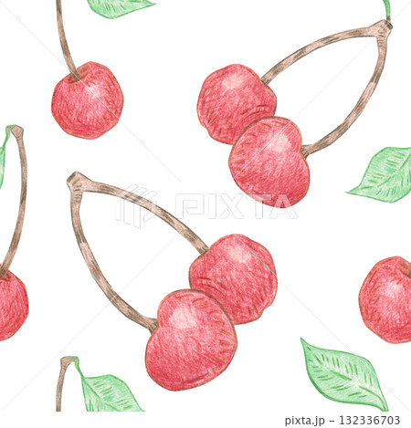 Seamless pattern of red cherries and green leaves. Hand-drawn illustration with colored pencils. Design for fabric, cards, menus, cookbooks, and textiles 132336703