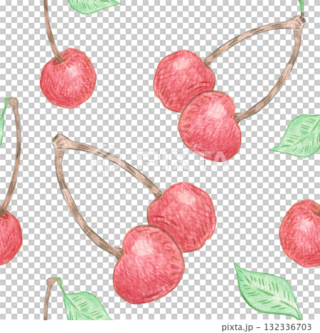 Seamless pattern of red cherries and green leaves. Hand-drawn illustration with colored pencils. Design for fabric, cards, menus, cookbooks, and textiles Seamless pattern of red cherries and green leaves. Hand-drawn illustration with colored pencils. Design for fabric, cards, menus, cookbooks, and textiles 132336703