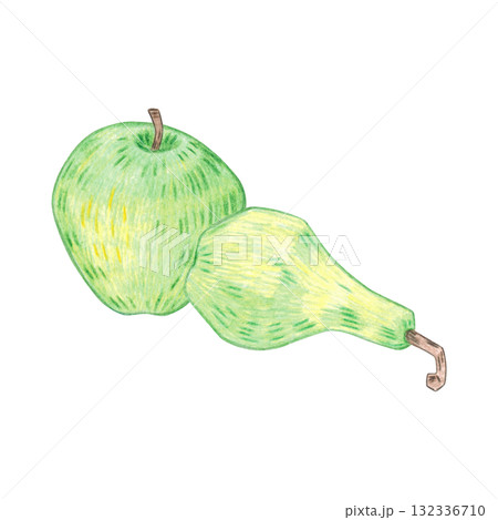 A whole green apple and a pear lie side by side. Hand-drawn illustration with colored pencils. Design for fabric, postcards, menus, and cookbooks 132336710